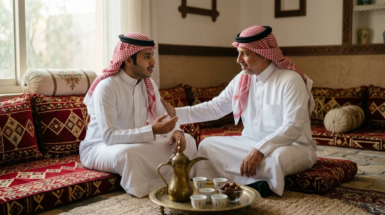 أب سعودي يستمع لابنه باهتمام في مجلس المنزل
