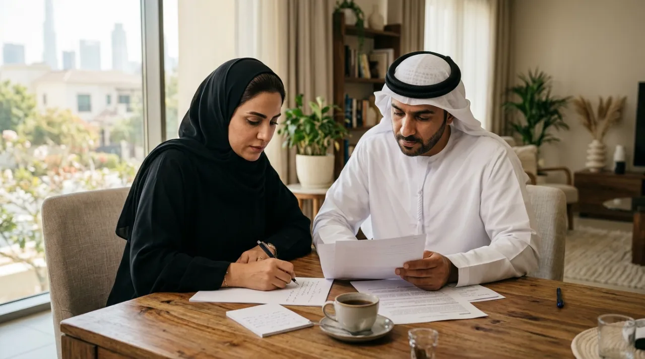 زوجان إماراتيان يقرآن معاً بهدوء في المنزل