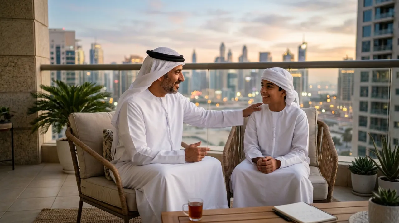 أب إماراتي يتحدث مع ابنه بهدوء وأمل على شرفة المنزل